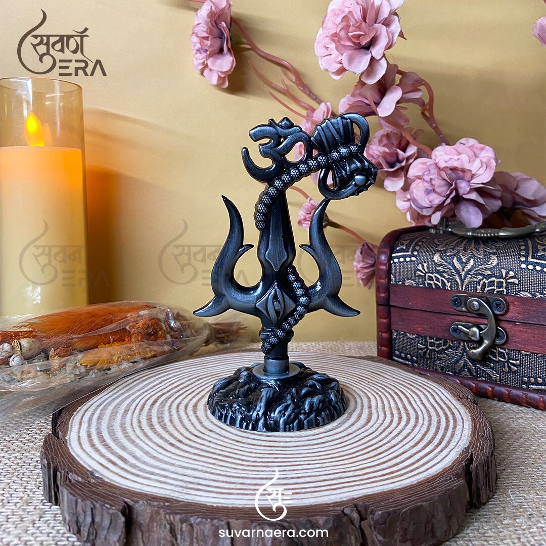 Om Shivay Trishul with Damaru for Car Dashboard 3.5 inch (Silver Black)